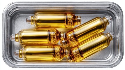 Naklejka premium Golden cylindrical containers in silver tray