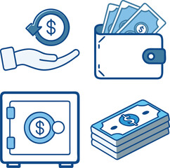 Collection of vector financial icons illustrating money savings banking and wallet concepts