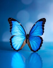 Vibrant blue butterfly on a reflective surface