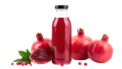 Cold pressed pomegranate juice bottle with whole fruit on white PNG