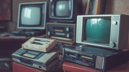 Stacked retro televisions, VCRs, and cassettes display vintage technology aesthetic