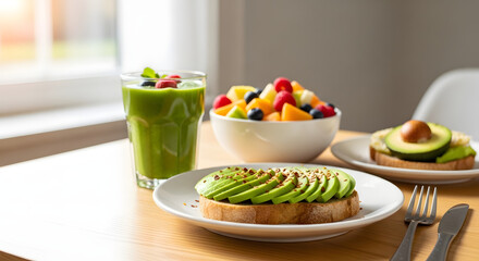 Vibrant healthy breakfast with avocado toast, fresh fruit salad, and green smoothie
