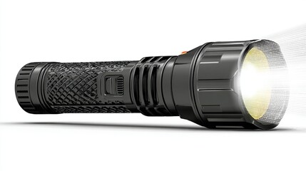 A black, textured flashlight shines a bright beam of light, isolated on a white background