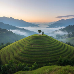 The landscape features lush, vibrant rice fields, a layered hill resembling a green pyramid, and a serene atmosphere with dramatic lighting and depth.