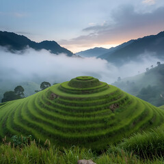 The landscape features lush, vibrant rice fields, a layered hill resembling a green pyramid, and a serene atmosphere with dramatic lighting and depth.