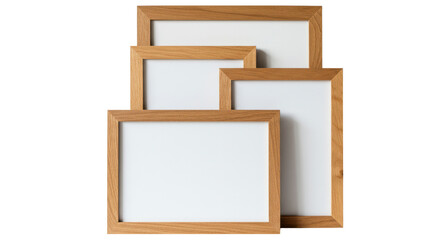Group of four empty light wood picture frames isolated PNG with Transparent Background