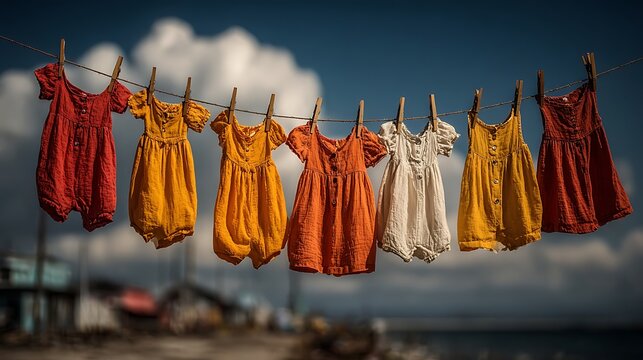 Tiny dresses and baby rompers aligned perfectly on washing line beneath clear daylight sky