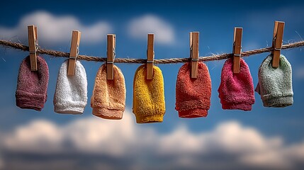Peaceful sky with soft white clouds and organized baby clothes hanging freely
