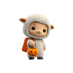 Adorable 3D Render of a Sheep in a Halloween Costume Carrying a Jack-o'-lantern