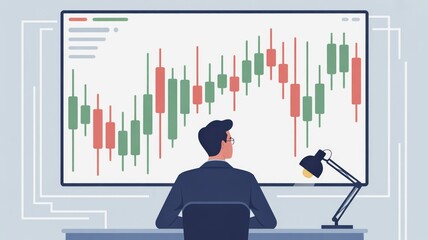 investor opportunity stocks successful goals concept. Man analyzing stock market data on a digital screen.