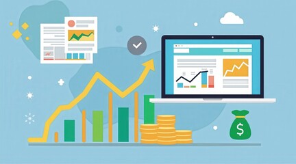 investor opportunity stocks successful goals concept. Digital financial growth representation with charts and laptop illustration.