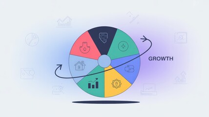 investor opportunity stocks successful goals concept. Colorful growth wheel with icons illustrating development concepts.