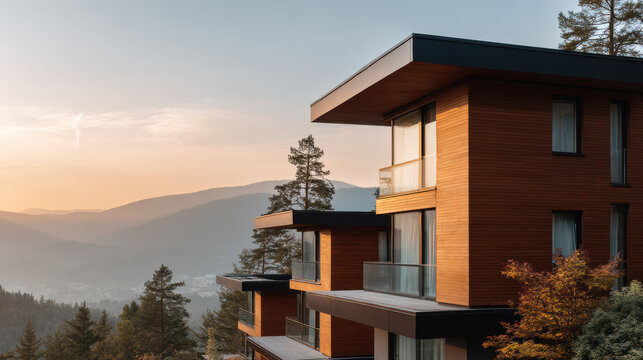 closeup of modern wooden facades of buildings featuring contemporary log houses against stunning sunset