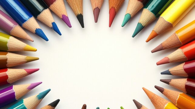 A colorful array of pencils arranged in a circular pattern on a white background.