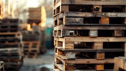 Stack of wooden pallets in a warehouse. The industrial concept of storage and transportation. The image highlights the utilitarian and functional aspects of the material.
