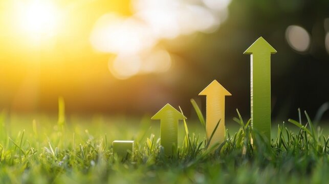 Three green arrows pointing upwards on a grassy field with a blurred background of trees and sunlight.