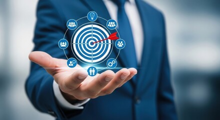Business professional interacting with digital target and strategy icons. Futuristic corporate planning with tech integration. Modern success concept.