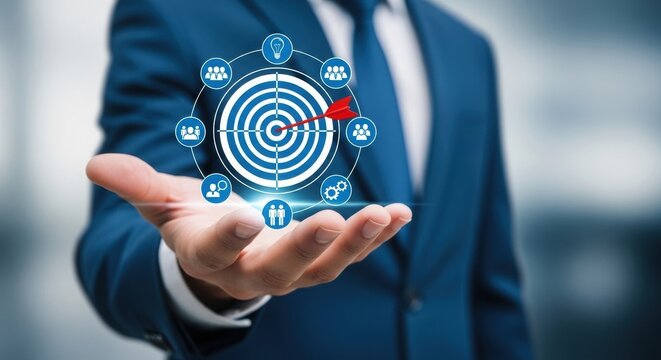 Business professional interacting with digital target and strategy icons. Futuristic corporate planning with tech integration. Modern success concept.