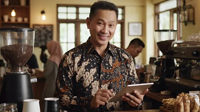 A smiling barista expertly manages orders using a tablet in a bustling cafe environment.