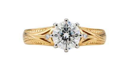 Engagement ring with diamond and gold band isolated PNG with Transparent Background