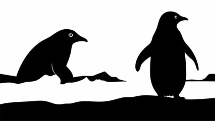 Silhouette illustration of a seal on ice and a penguin standing on land in black and white design | editable eps vectors