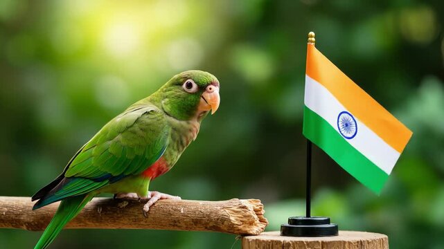 Parrot with Indian Flag. Celebrates Freedom