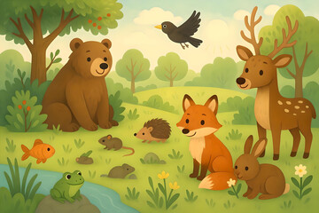 Naklejka premium Forest Animals Illustration – Bear, Fox, Deer
