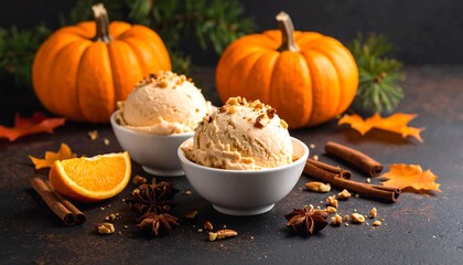 Two bowls of pumpkin ice cream, garnished with walnuts, surrounded by autumnal ingredients