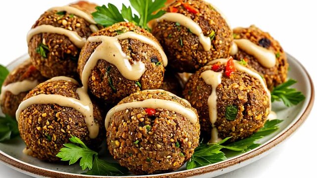 Falafel balls, made from ground chickpeas or fava beans, are served on a plate with a drizzle of tahini sauce and garnished with fresh parsley