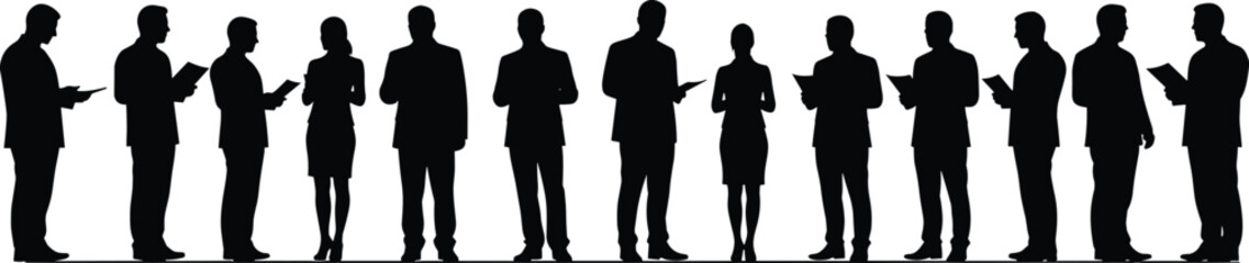 Silhouette vector illustration of business professionals standing in a row, reading documents, in formal attire for corporate presentations