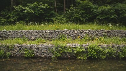 Stone wall by river with lush greenery and flowers