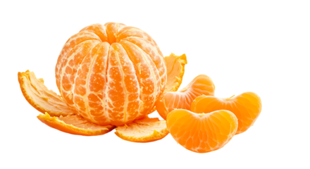 peeled tangerine on white transparent background