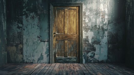 A wooden door with a peeling paint and a light shining through it, creating a dramatic and mysterious atmosphere.