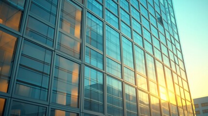 A modern glass skyscraper with reflective windows against a clear sky.