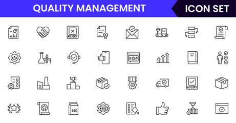 Quality management vector line icons featuring inspections, checklists, standards, testing, certifications, audits, processes, improvements, compliance, and product accuracy symbols.