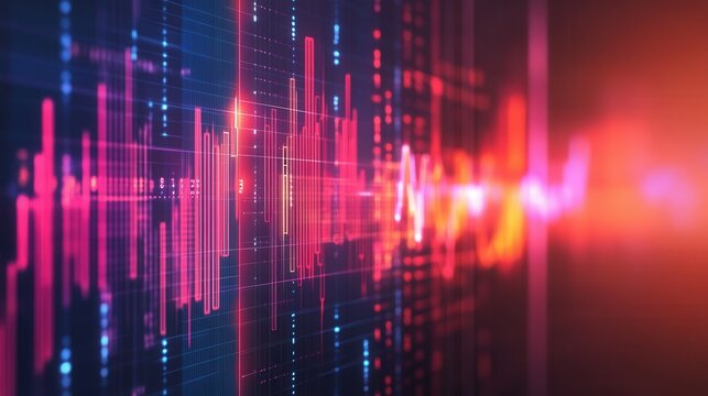 Abstract glowing circuit board with financial graphs and AI-driven insights on blurred background