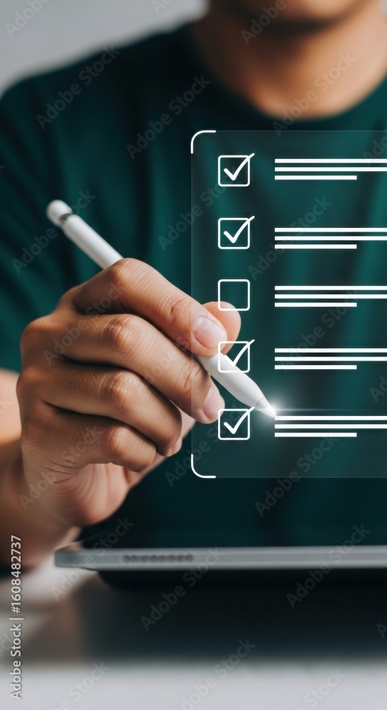 Poster Person using stylus on tablet with virtual checklist interface. Digital task management with augmented reality. Modern productivity workflow.