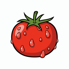 Obraz premium Cartoon tomato red round shiny with green stem and water droplets