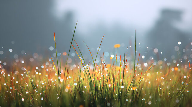 rain droplets meadow mist morning nature grass close-up - Powered by Adobe