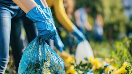 People picking up trash in a field. The activity concept of environmental cleanup is highlighted. The image emphasizes the importance of community involvement in environmental protection.