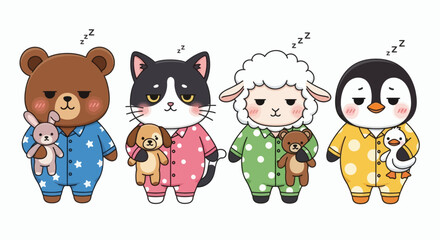 Four cartoon animals in pajamas bear cat sheep  penguin all appear sleepy