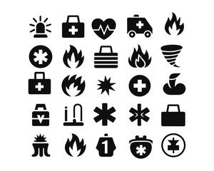 Emergency and Disaster Icon Set. Fire, Medical, Rescue, Alert, Safety Symbol Vector Collection