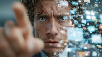Conceptual office image with man in suit and luminous screen head pointing toward floating icons
