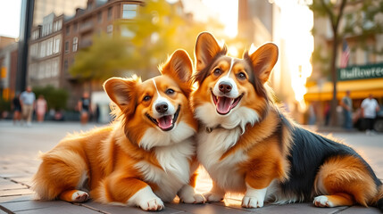 two welsh corgi pembroke dogs sitting and smiling in the city in the golder hour summer weather, happy and relaxed