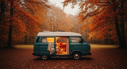 Cozy van life in autumn surrounded by vibrant fall foliage scenery