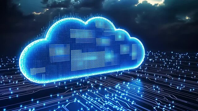 Digital cloud computing concept with glowing data connections against a stormy sky backdrop