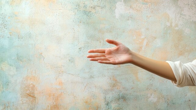 A hand reaching out towards a colorful, textured wall with a light blue and orange gradient background.