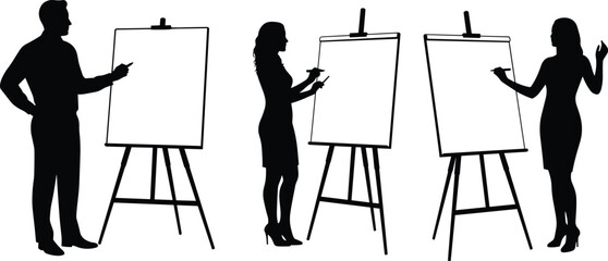 Silhouette man and woman drawing or writing on blank canvas board on easel in studio, flat vector illustration design