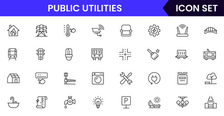 Public utilities vector line icons featuring water, electricity, gas, waste management, infrastructure, service meters, maintenance, power plants, and community resources.
