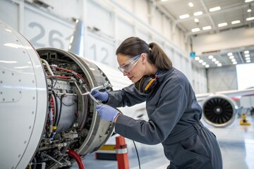A woman in a blue jumpsuit is working on an airplane engine